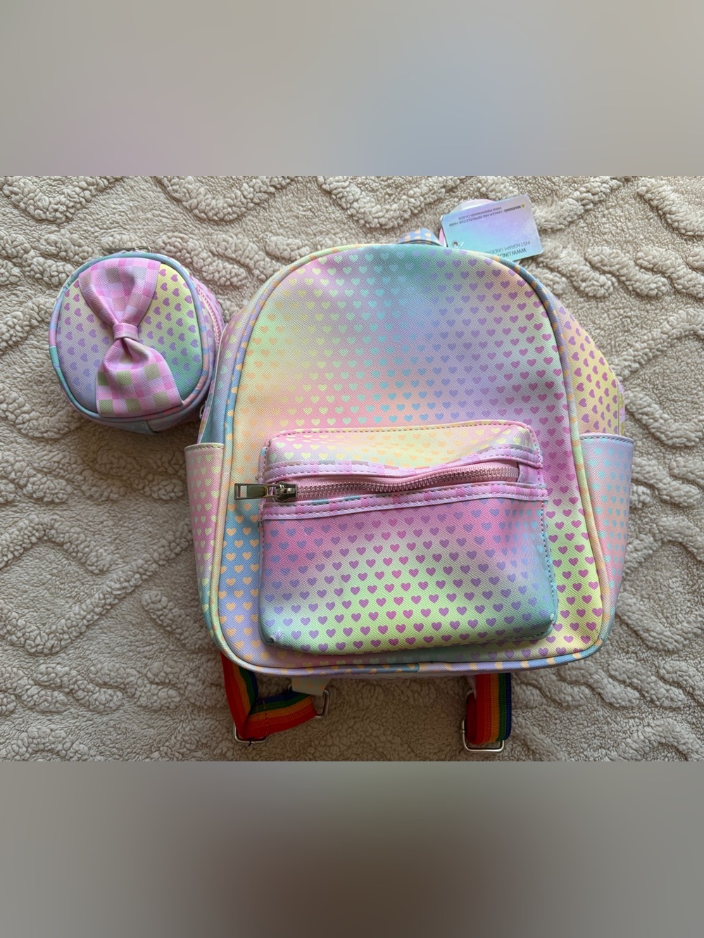 Girls Ombré Pastel Zip Up Backpack & Coin Purse - Rainbow Colors W/ Heart Print